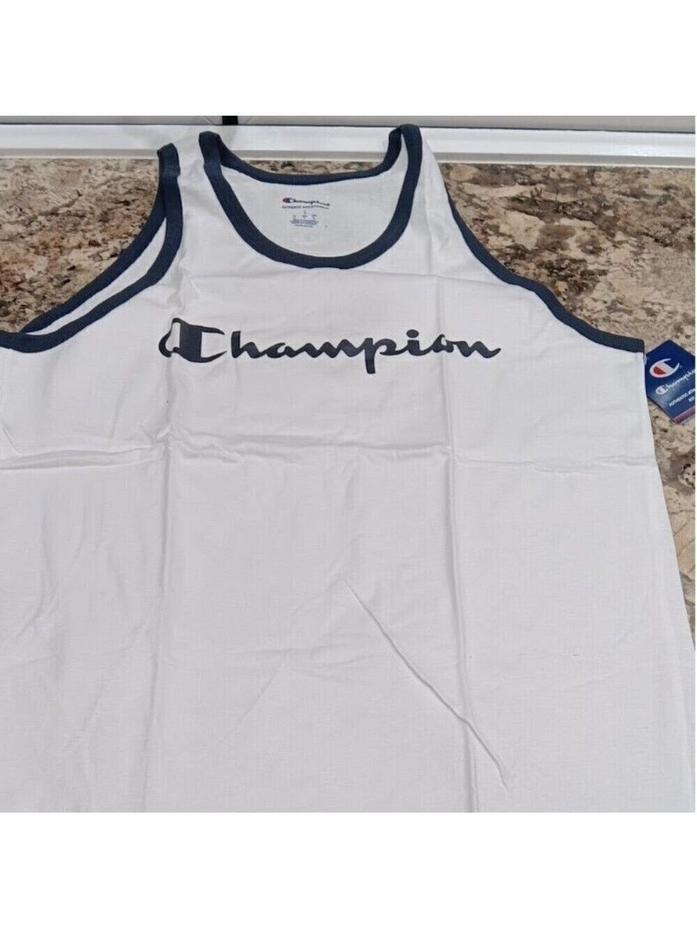 Tags Still On: Large Champion Sleeveless Shirt White And Blue Men's